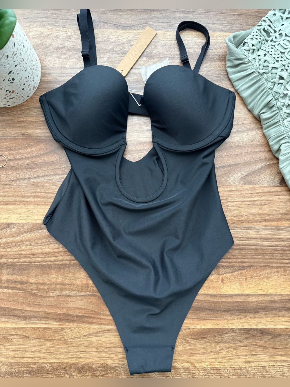 SKIMS Black Plunge Neckline Thong Bodysuit Shapewear with Removable Straps